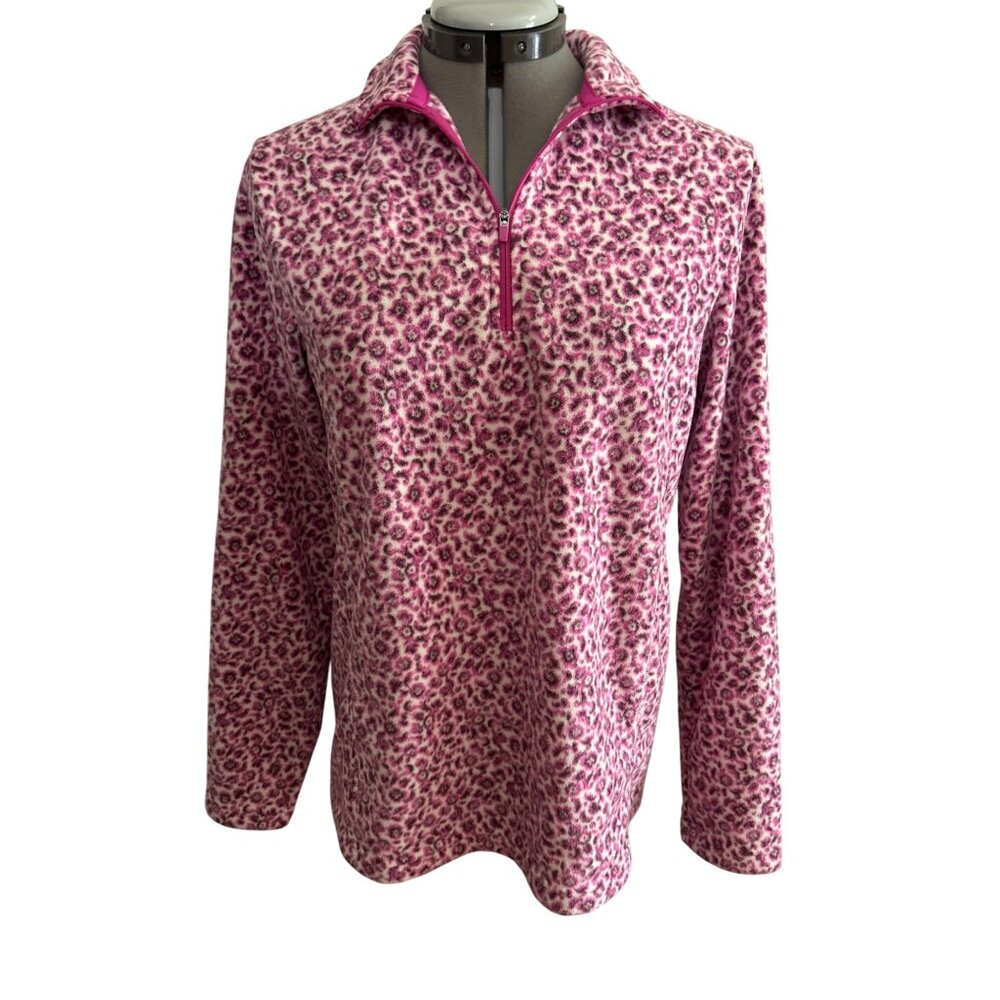 Lands End Pink Leopard Print Fleece 1/4 Zip Pullover Top M Soft Warm Cozy